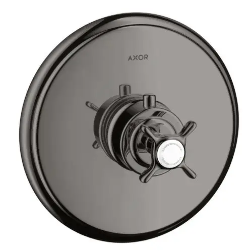 Wandmontierter Thermostatgriff von AXOR in poliertem Schwarzchrom mit Kreuzgriff-Design, geeignet für Unterputzinstallation in Badezimmern.